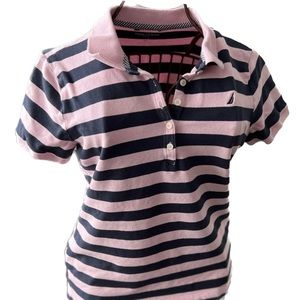 Nautica Women’s Pink and Navy Striped Slim Fit Short Sleeve Polo Size Large